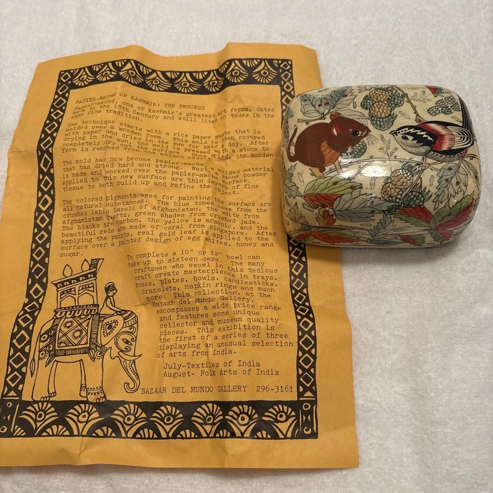VTG 1979 Handmade In Kashmir Trinket Paper Mache Box Hand Painted W/paperwork